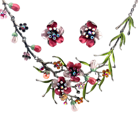 Red & Green Leaf Floral Necklace Set - Born To Glam