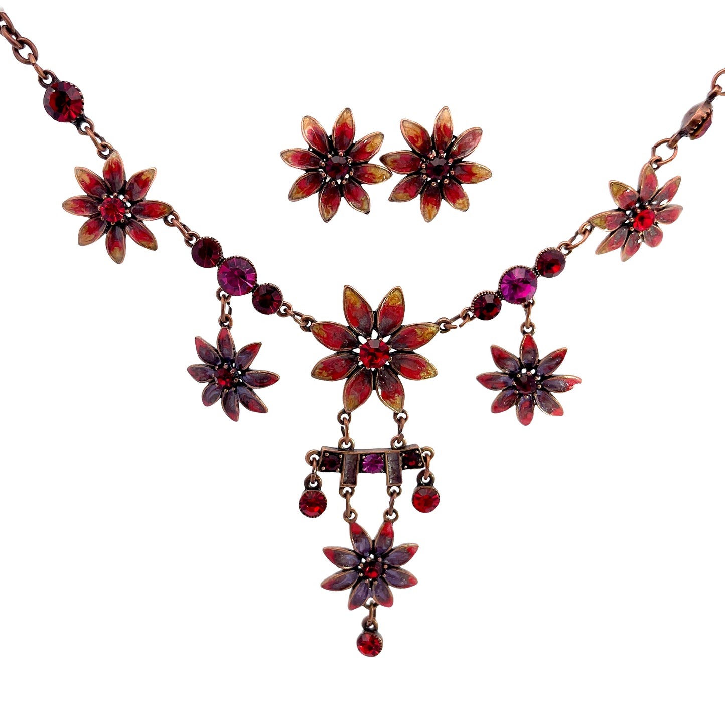 Red Floral Short Necklace & Stud Set - Born To Glam