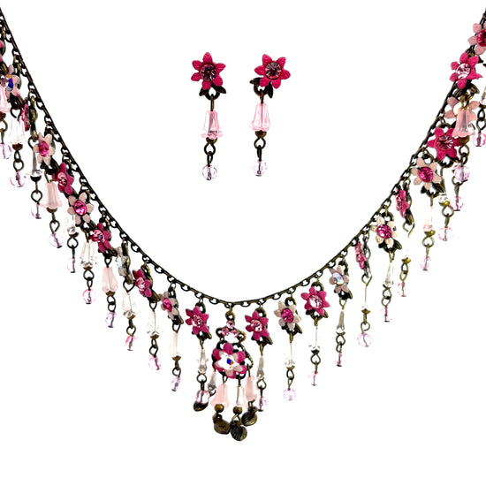 Load image into Gallery viewer, Pink Floral Fringe Necklace &amp;amp; Earring Set - Born To Glam
