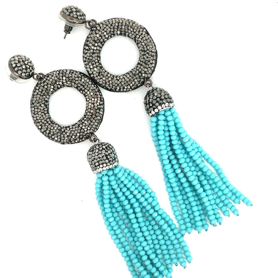 Turquoise Circle Long Tassel Crystal Earring - Born To Glam