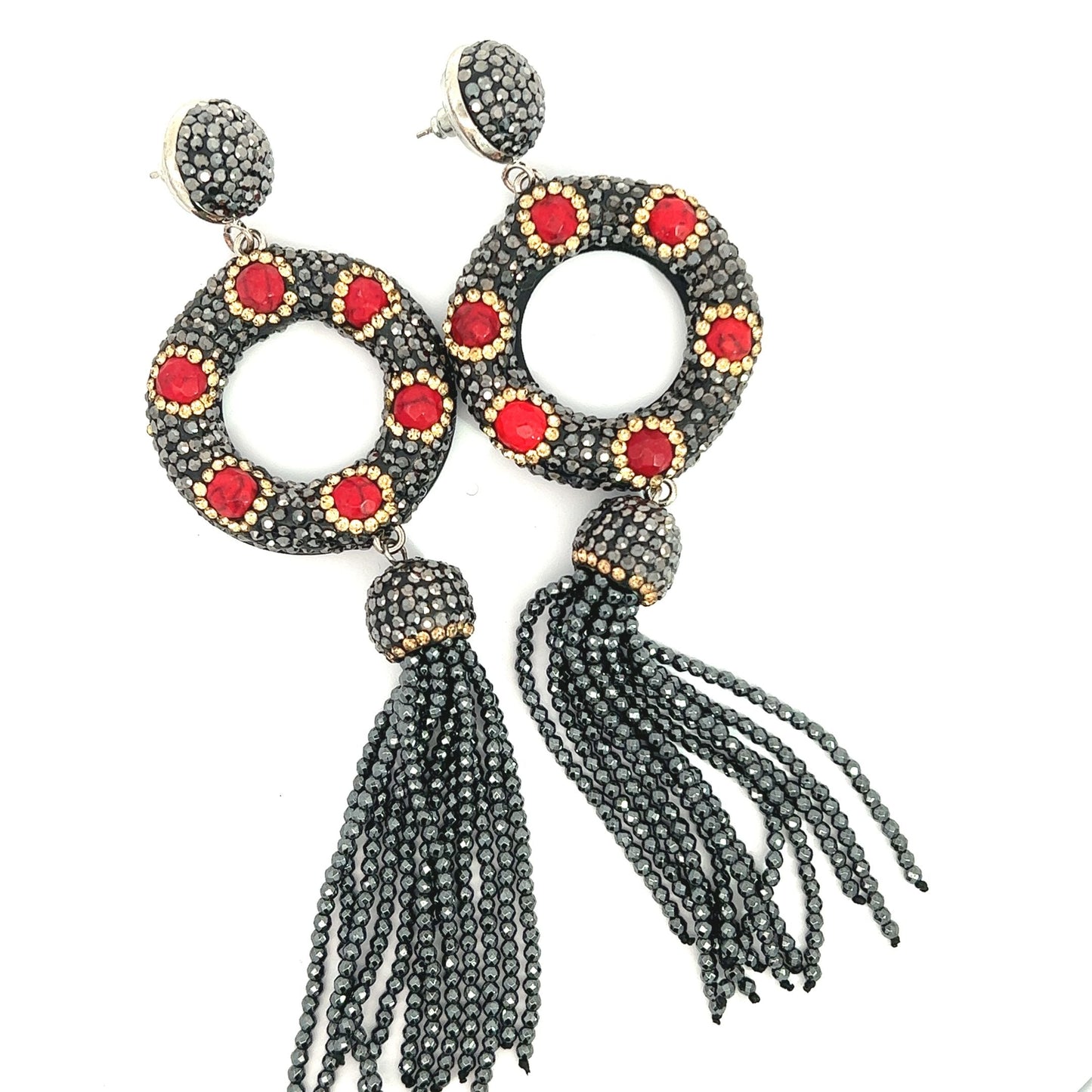 Coral Accent Circle Long Tassel Crystal Earring - Born To Glam