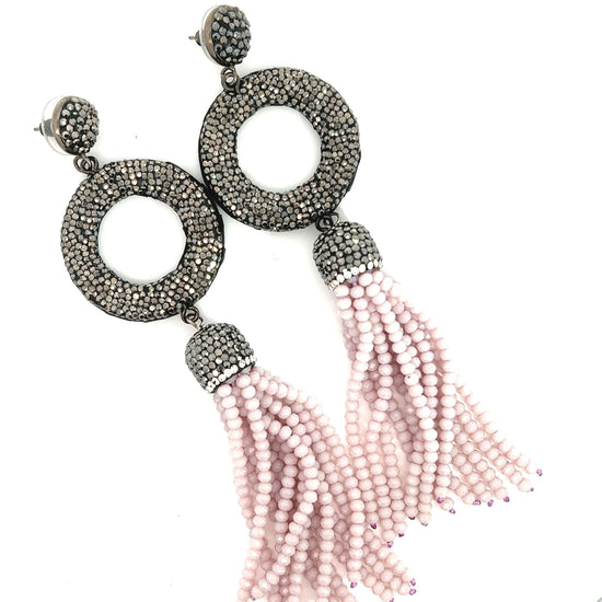 Light Pink Circle Long Tassel Crystal Earring - Born To Glam