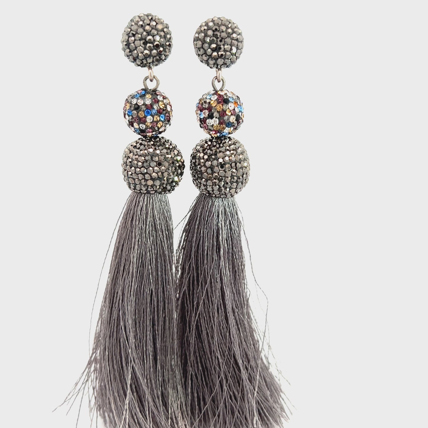 Load and play video in Gallery viewer, Gray Crystal Tassel Sterling Silver Earring
