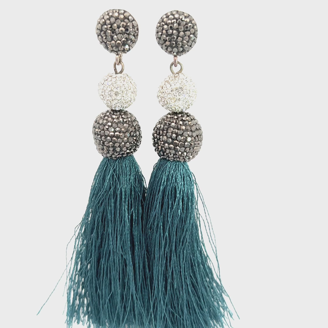 Load and play video in Gallery viewer, Teal Thread &amp;amp; Crystal Tassel Earring
