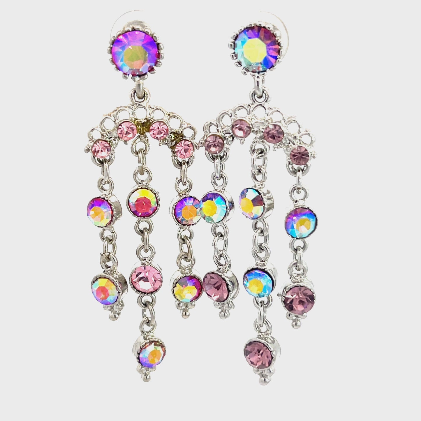 Load and play video in Gallery viewer, Pink Crystal Silver Chain Chandelier Iridescent
