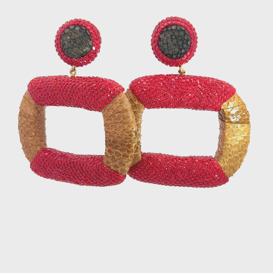 Load and play video in Gallery viewer, Red Crystal &amp;amp; Camel Leather Statement Earring
