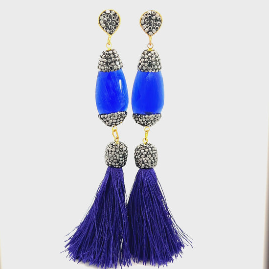 Load and play video in Gallery viewer, Royal Blue Gemstone &amp;amp; Crystal Long Tassel Earring

