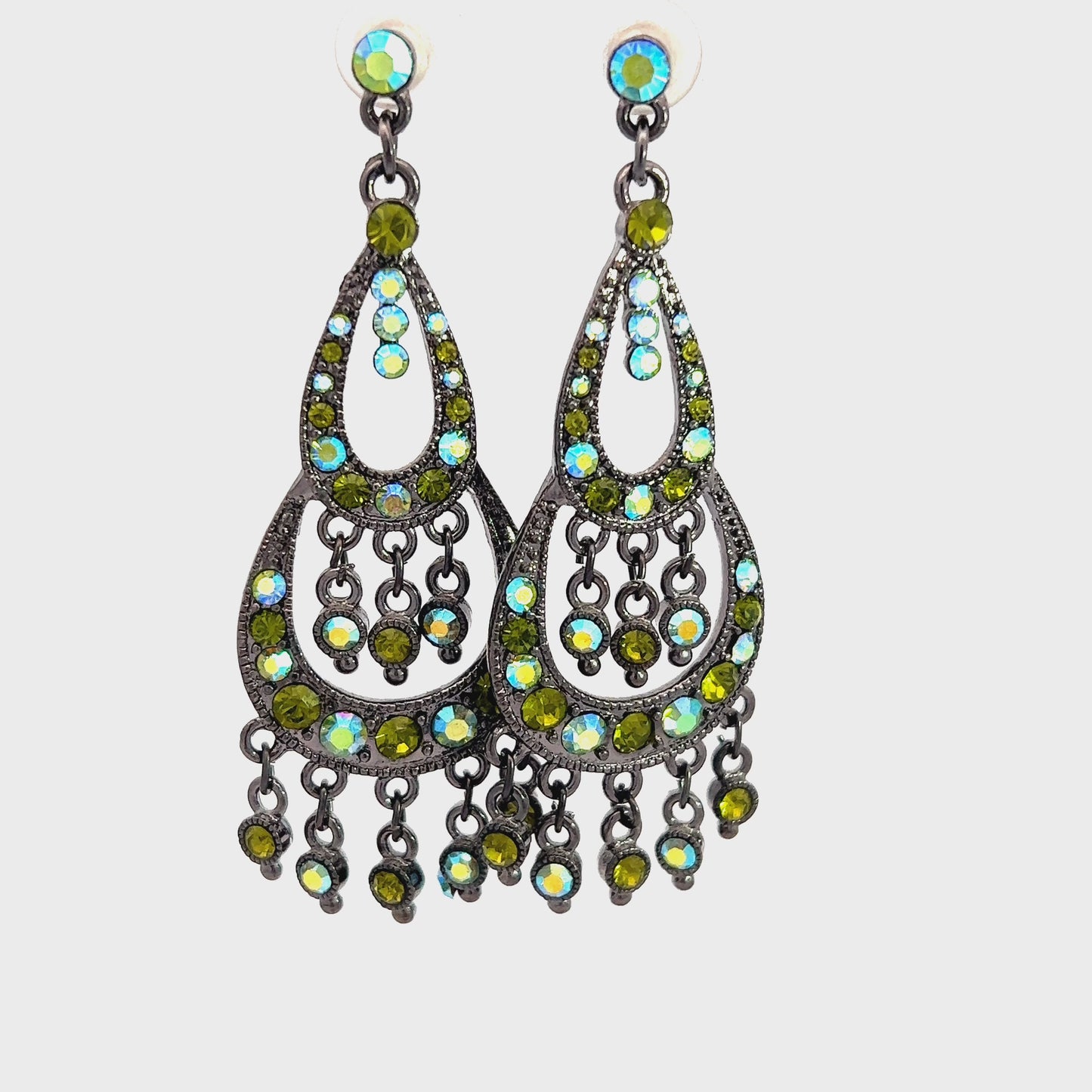 Load and play video in Gallery viewer, Green &amp;amp; Iridescent Crystal Chandelier Statement Earrings
