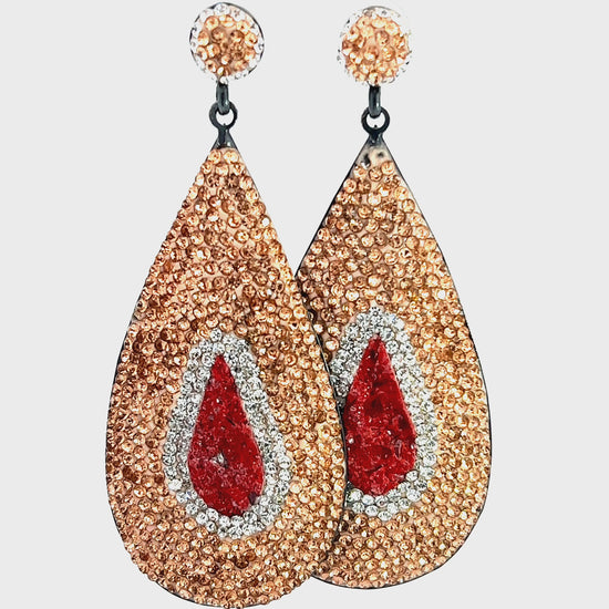 Load and play video in Gallery viewer, Coral and Gold Crystal Sterling Silver Teardrop Statement Earring
