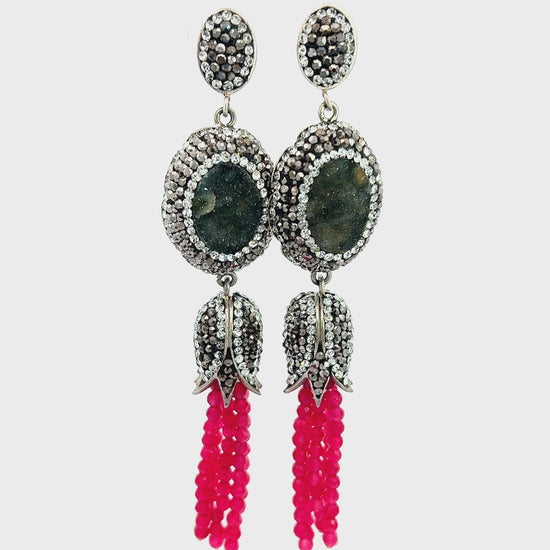 Load and play video in Gallery viewer, Pink Long Tassel Beaded Crystal Earring
