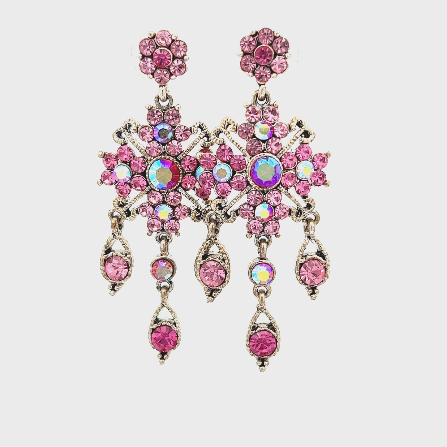 Load and play video in Gallery viewer, Pink &amp;amp; Iridescent Flower Crystal Chandelier Earrings
