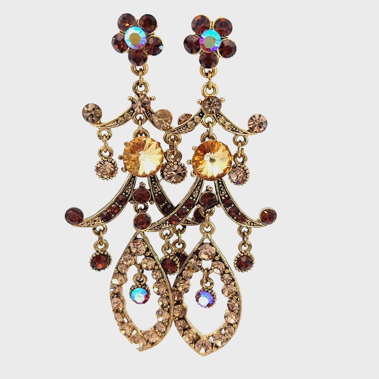 Load and play video in Gallery viewer, Gold Campagne 3 Tier Crystal Statement Earrings
