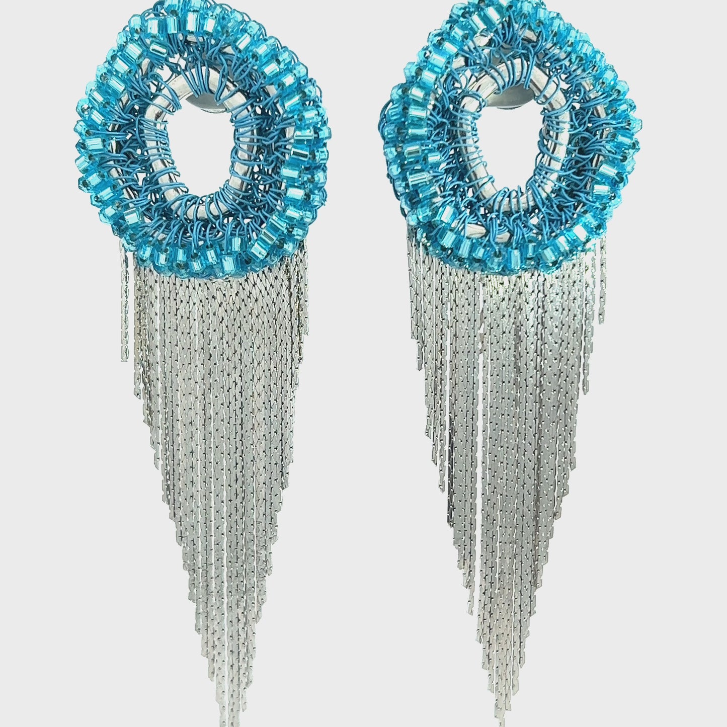 Load and play video in Gallery viewer, Turquoise Crystal Silver Fringe Statement Earring
