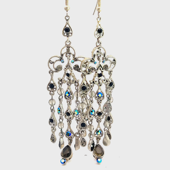 Load and play video in Gallery viewer, Black &amp;amp; Iridescent Crystal Long Silver Fringe Earring
