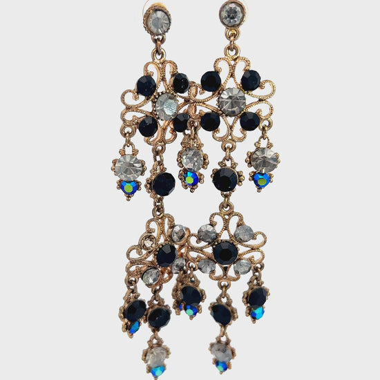 Load and play video in Gallery viewer, Gold &amp;amp; Black Crystal Chandelier Long Earrings

