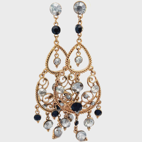 Load and play video in Gallery viewer, Gold Silver &amp;amp; Black Crystal Chandelier Statement Earrings
