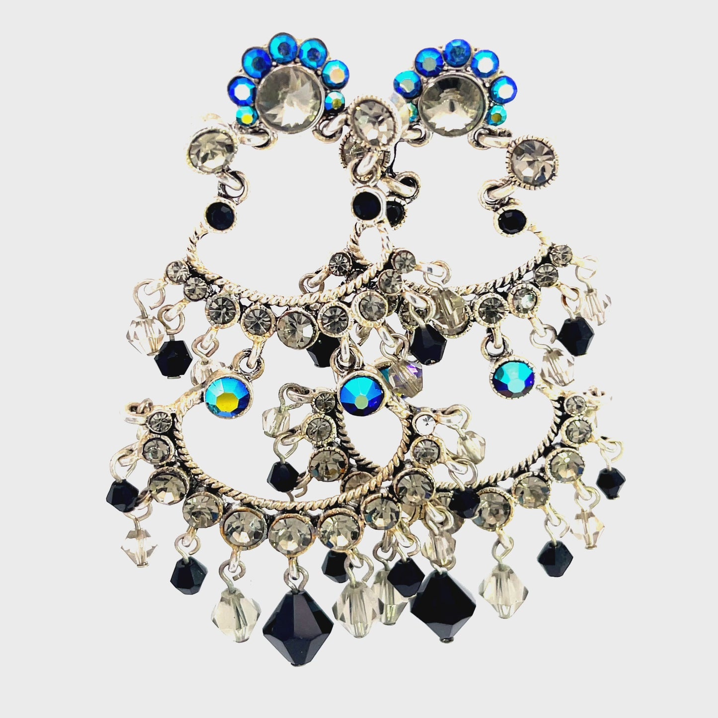Load and play video in Gallery viewer, Black &amp;amp; Iridescent Blue Cascade Chandelier Statement Earring
