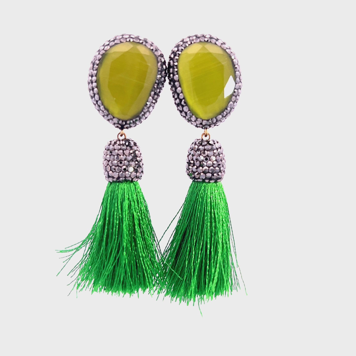 Load and play video in Gallery viewer, Green &amp;amp; Olive Gemstone Tassel Earring
