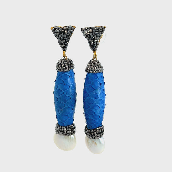 Load and play video in Gallery viewer, Royal Blue Python &amp;amp; Pearl Drop Earring
