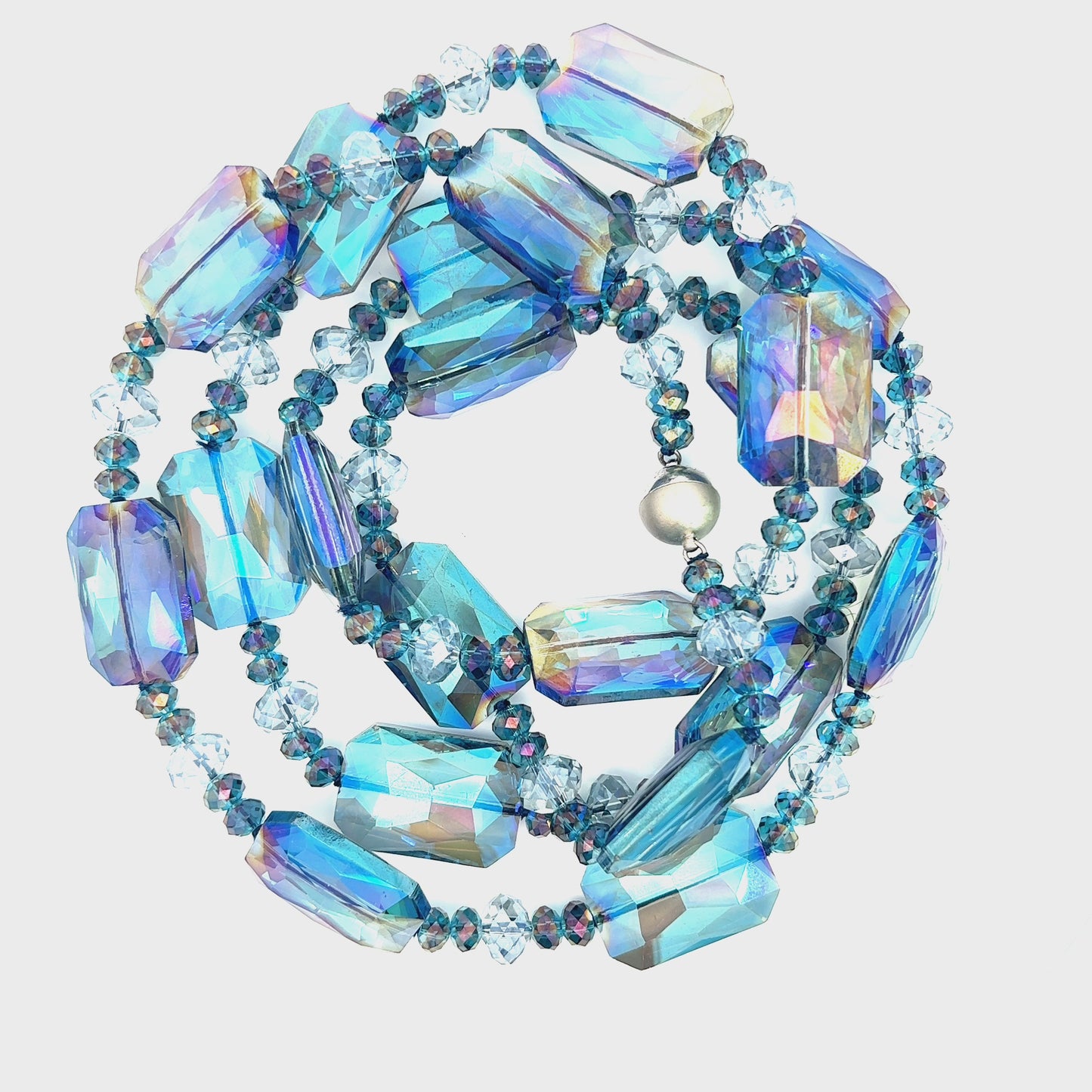 Load and play video in Gallery viewer, Long Blue Iridescent Rectangle Crystal Necklace
