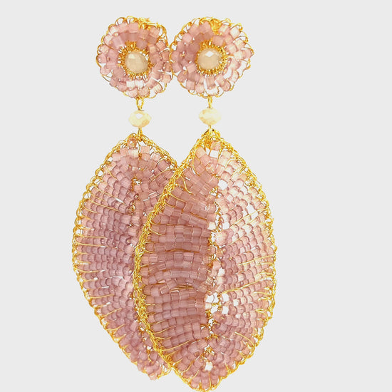 Load and play video in Gallery viewer, Soft Pink Crystal and Gold Leaf Statement Earring
