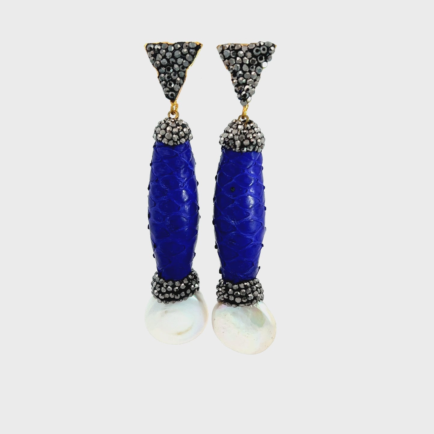 Load and play video in Gallery viewer, Blue Python Leather &amp;amp; Pearl Drop Earring
