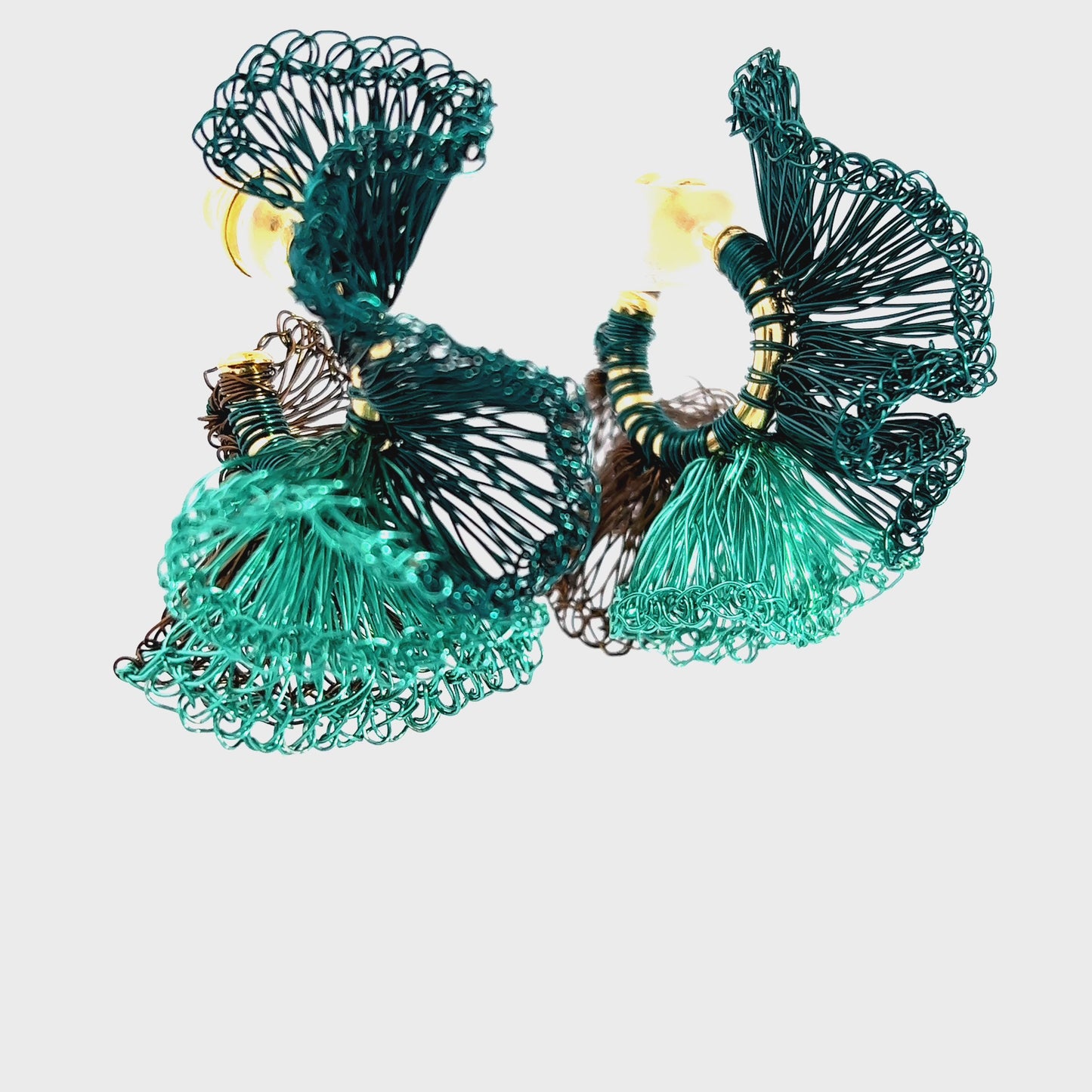 Load and play video in Gallery viewer, Green, Teal &amp;amp; Brown Small Ruffle Hoops
