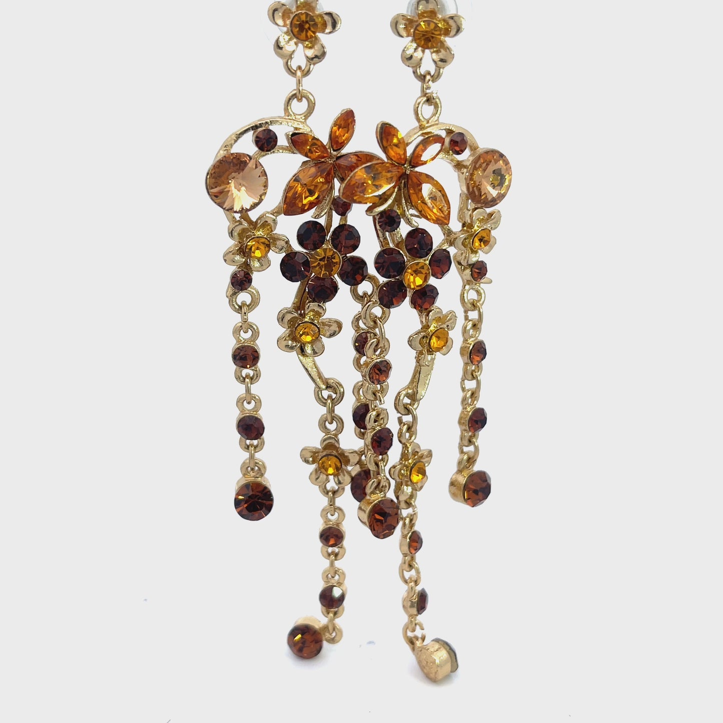 Load and play video in Gallery viewer, Gold and Brown Crystal Flower Chandelier Statement Earring
