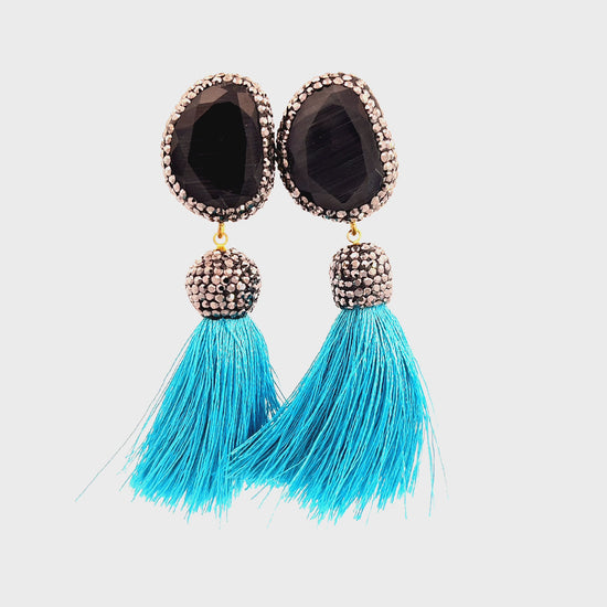 Load and play video in Gallery viewer, Turquoise and Black Gemstone Tassel Earring
