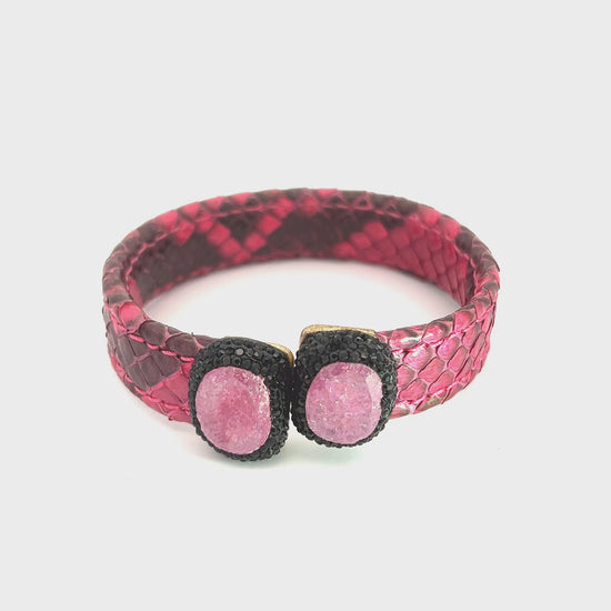 Load and play video in Gallery viewer, Pink Python Small Splendor Gemstone Leather Cuff Bracelet
