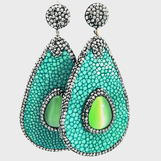 Load and play video in Gallery viewer, Green Shagreen Teardrop Statement Earring

