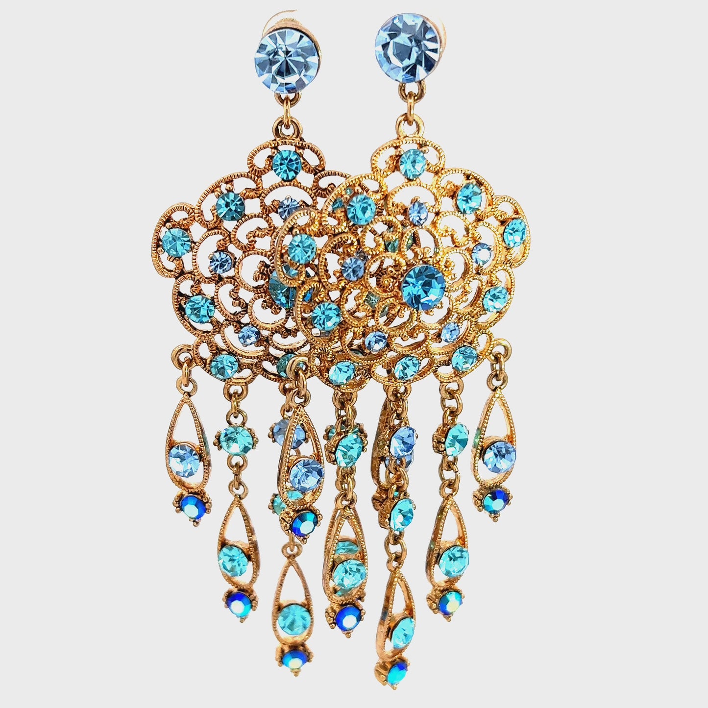 Load and play video in Gallery viewer, Blue and Gold Crystal Chandelier Statement Earrings
