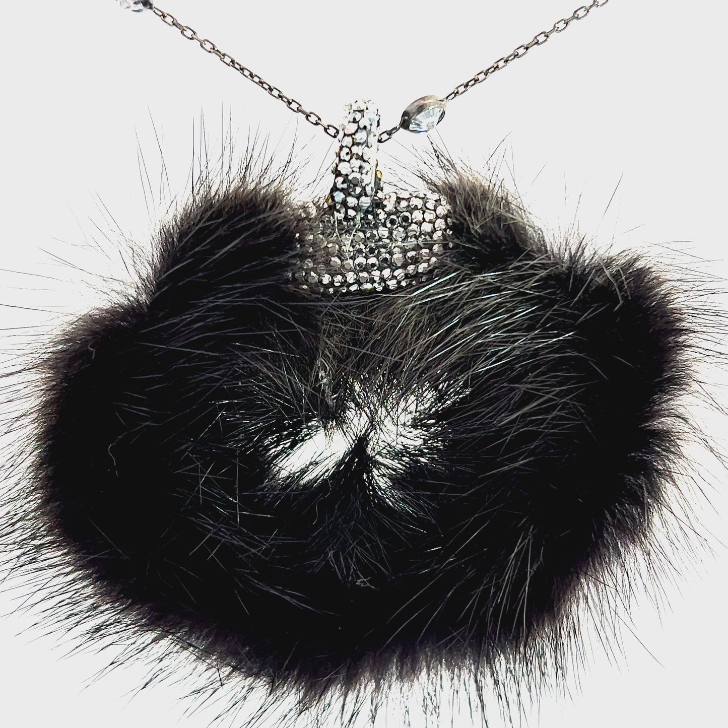 Load and play video in Gallery viewer, Black Circular Luxe Fur Crystal Pendant Sterling Silver Necklace
