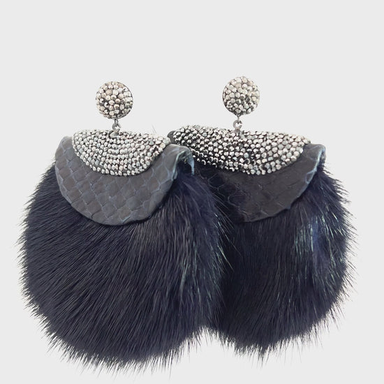 Load and play video in Gallery viewer, Navy Blue Luxe Fur and Crystal Statement Earring
