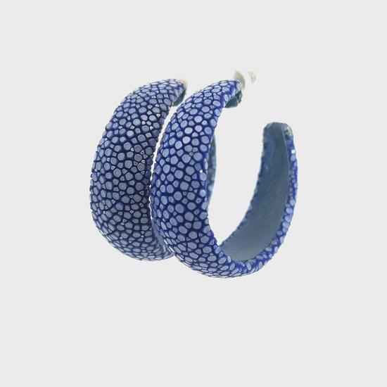Load and play video in Gallery viewer, Blue Shagreen Leather Statement Hoop
