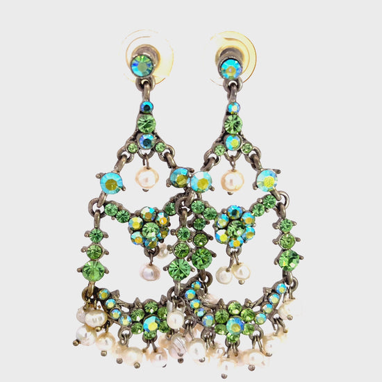 Load and play video in Gallery viewer, Green &amp;amp; Pearl Crystal Chandelier Statement Earring
