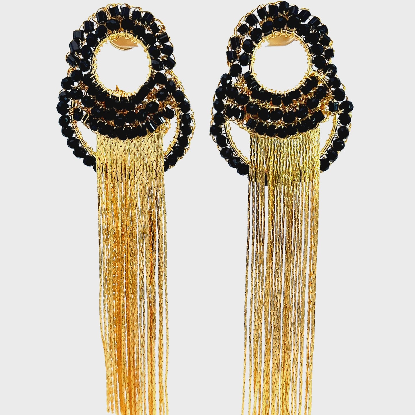 Load and play video in Gallery viewer, Black &amp;amp; Gold Crystal Fringe Earring
