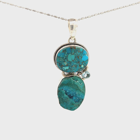 Load and play video in Gallery viewer, Turquoise Double Stone &amp;amp; Crystal Sterling Silver Pendant Necklace
