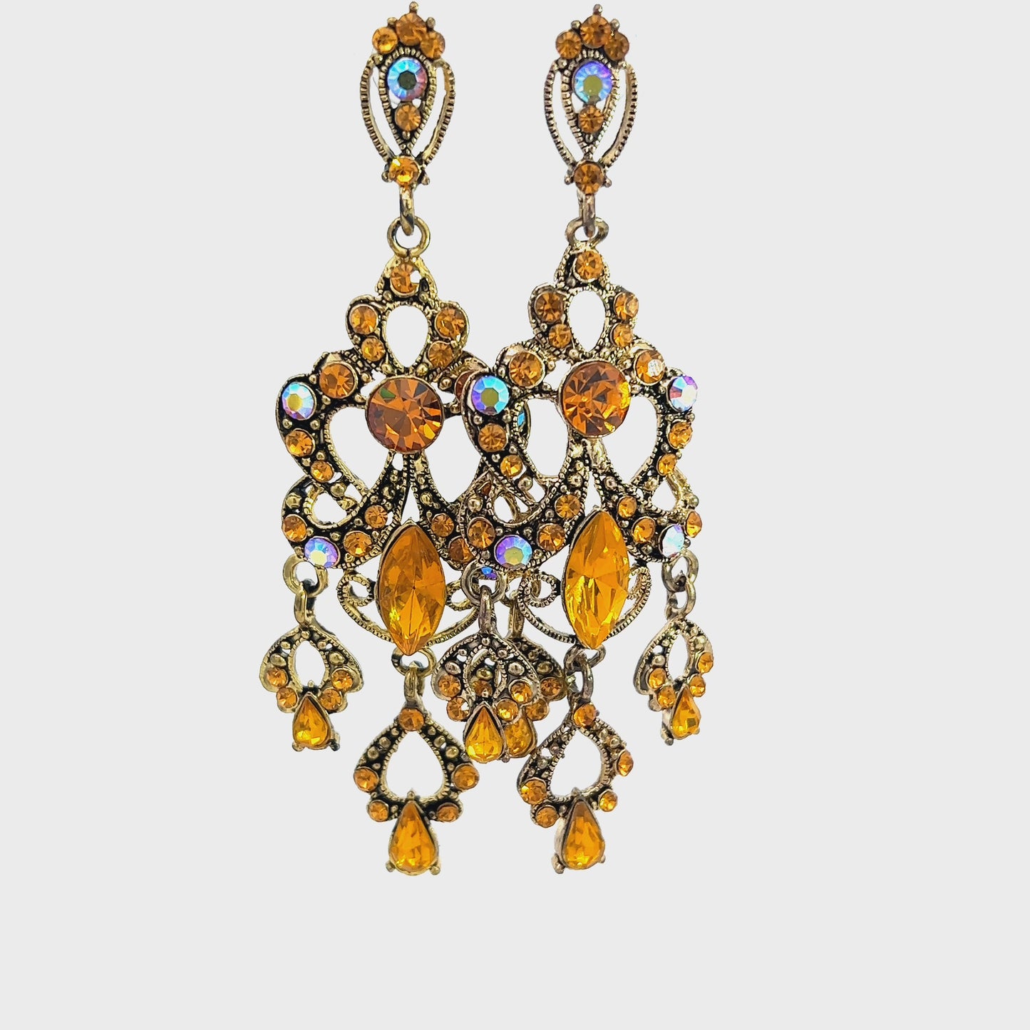 Load and play video in Gallery viewer, Orange Crystal &amp;amp; Gold Chandelier Earrings
