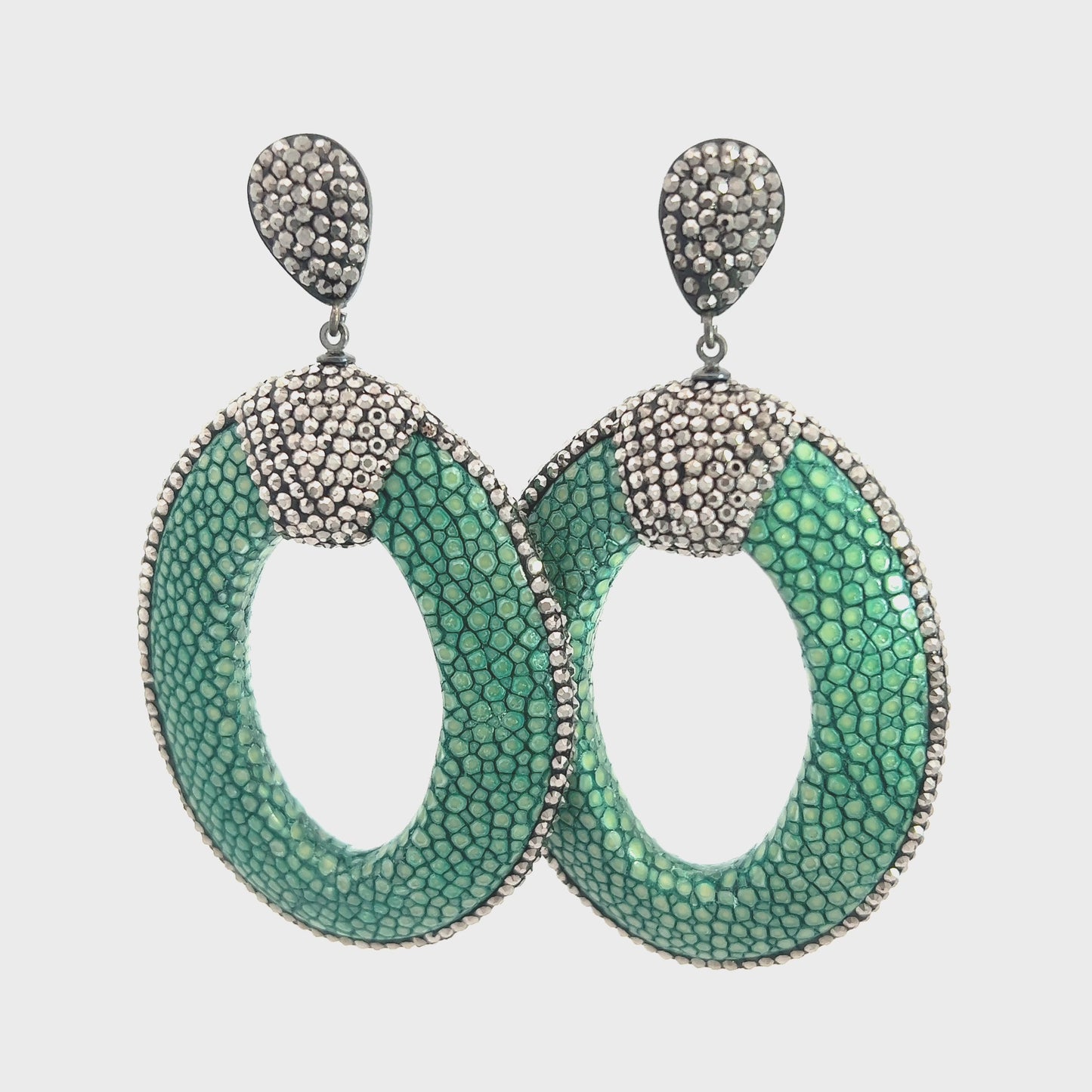 Load and play video in Gallery viewer, Green Shagreen Crystal Sterling Silver Earrings
