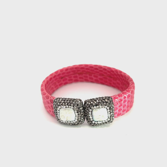 Load and play video in Gallery viewer, Pink &amp;amp; Pearl Small Splendor Gemstone Leather Cuff Bracelet
