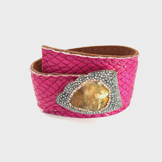 Load and play video in Gallery viewer, Pink Snakeskin Leather Wraparound Gemstone Bracelet
