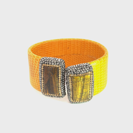 Load and play video in Gallery viewer, Yellow Gemstone Centerpiece Leather Cuff
