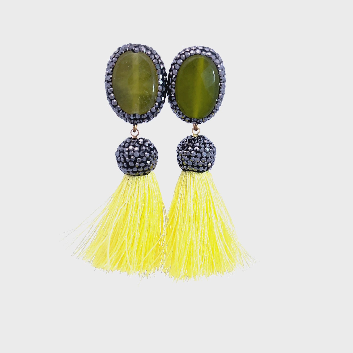 Load and play video in Gallery viewer, Yellow &amp;amp; Olive Green Gemstone Tassel Earring
