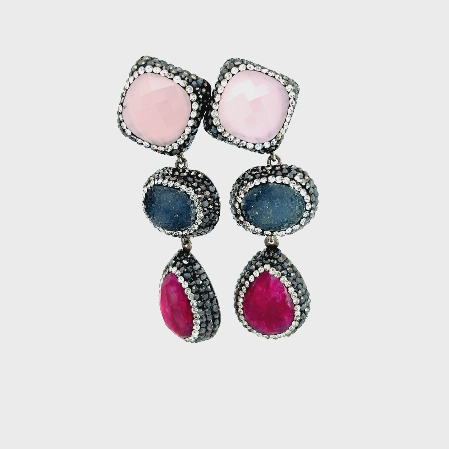 Load and play video in Gallery viewer, Pink Long Gemstone Sterling Silver Earring
