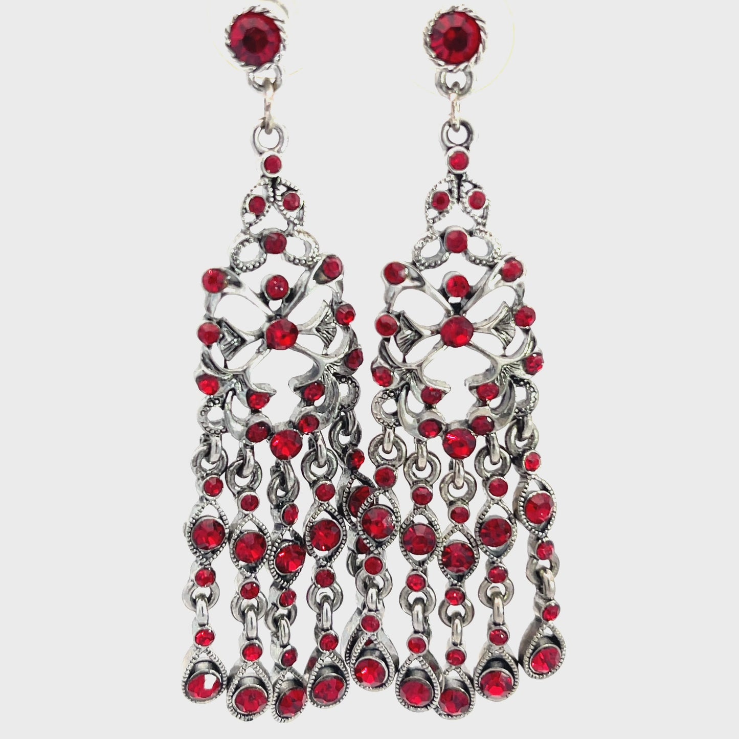 Load and play video in Gallery viewer, Red Crystal &amp;amp; Silver Dangle Chandelier Earring
