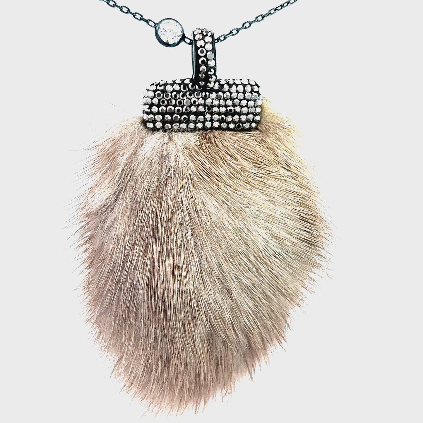 Load and play video in Gallery viewer, Gray Luxe Fur Crystal Pendant Sterling Silver Necklace
