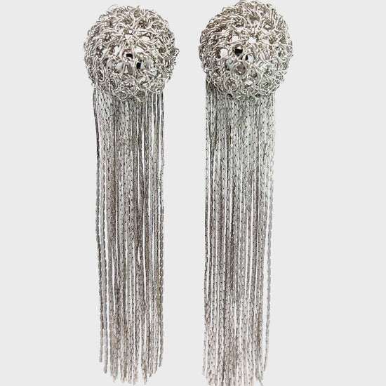 Load and play video in Gallery viewer, Silver Sphere Long Fringe Earring
