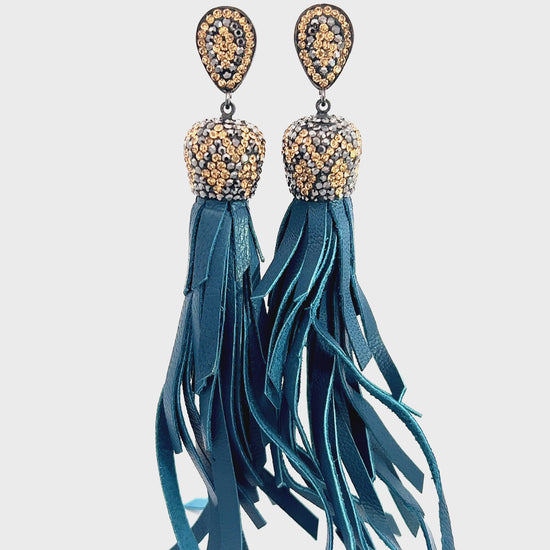 Load and play video in Gallery viewer, Teal Leather Tassel Earring
