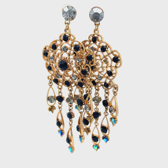 Load and play video in Gallery viewer, Gold &amp;amp; Black Crystal Iridescent Chandelier Statement Earrings
